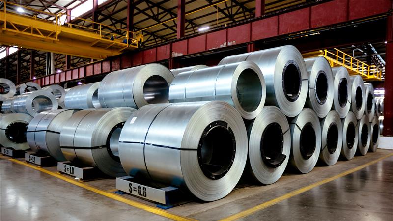 A view of rolled metal sheets stacked neatly in a factory